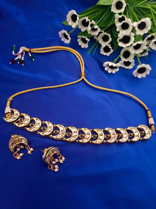 Sanjog Traditional Gold-Plated Kundan Crescent Choker Necklace Set with Earrings