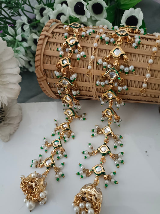 Sanjog Grand Kundan/Polki Jhumka Earrings with Attached Saharay Ear Chain | Gold Plated Meenakari & Pearl Drops for Bridal Wear