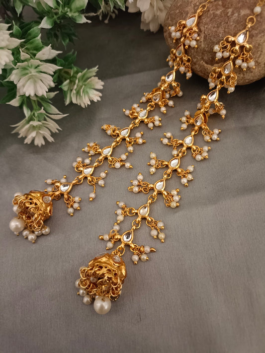 Sanjog Opulent Kundan Jhumka Earrings with Attached Saharay Ear Chains Earrings
