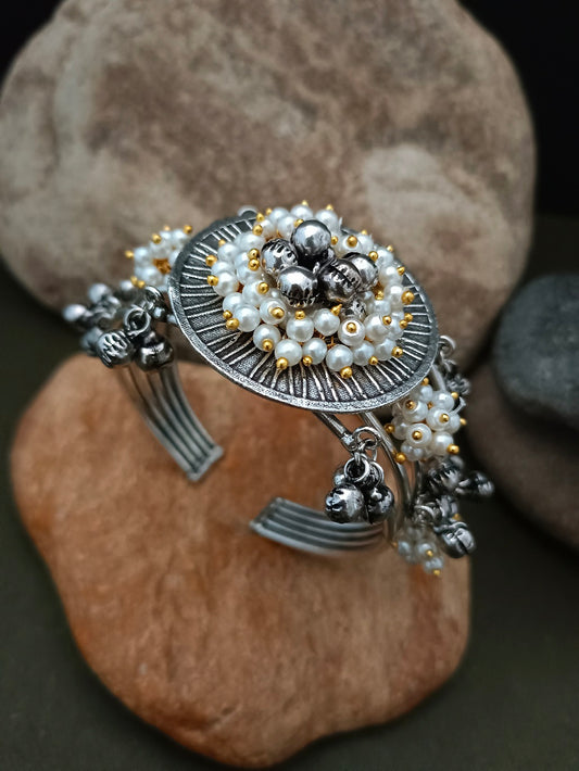 Sanjog Grand Oxidized Silver-Tone Open Cuff Bracelet with Central Pearl and Ghungroo Cluster