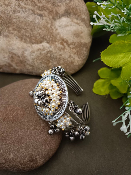 Sanjog Grand Oxidized Silver-Tone Open Cuff Bracelet with Central Pearl and Ghungroo Cluster