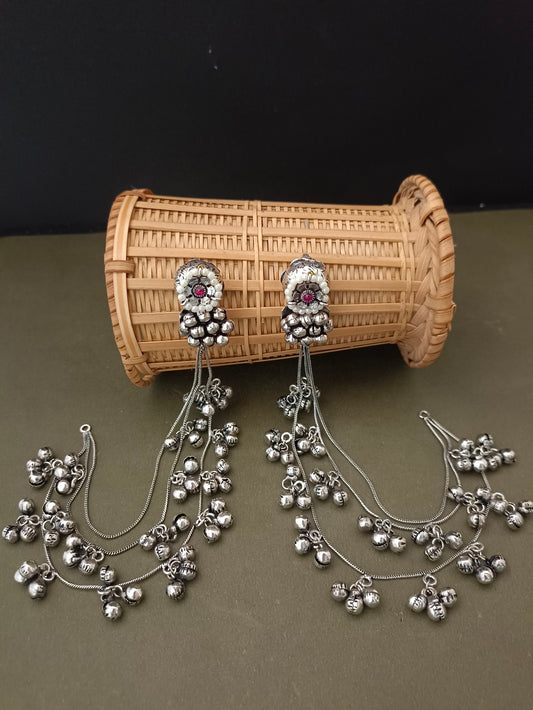 Sanjog Oxidized Silver Ear Chains (Kaan Chain) with Floral Pearl Studs and Tiered Ghungroo Bells