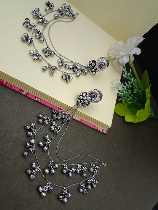 Sanjog Oxidized Silver Ear Chains (Kaan Chain) with Floral Pearl Studs and Tiered Ghungroo Bells