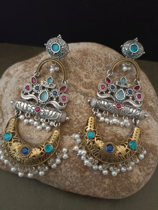 Sanjog Grand Oxidized Silver and Gold-Tone Multi-Color Stone Jhumka Drop Earrings
