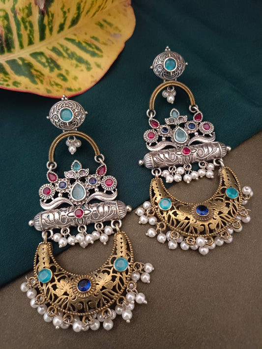 Sanjog Grand Oxidized Silver and Gold-Tone Multi-Color Stone Jhumka Drop Earrings