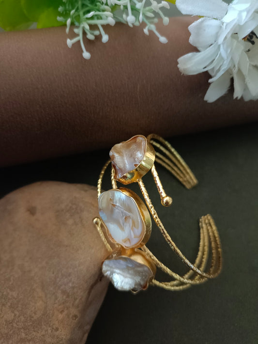 Sanjog Bohemian Gold-Tone Multi-Strand Cuff Bracelet with Natural Baroque Pearl Slices