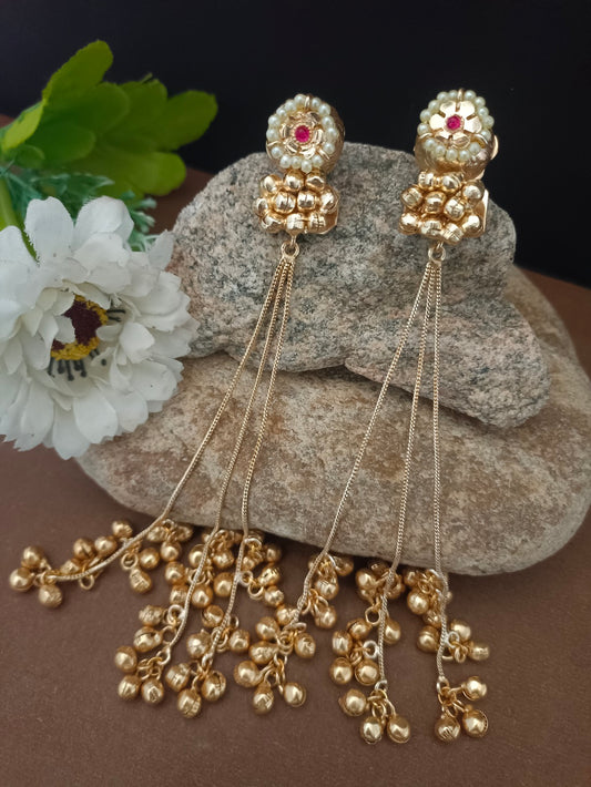 Sanjog Traditional Gold-Tone Jhumka Chain Drop Earrings with Pearls and Ghungroo Bells