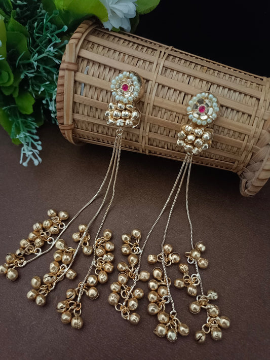 Sanjog Traditional Gold-Tone Jhumka Chain Drop Earrings with Pearls and Ghungroo Bells