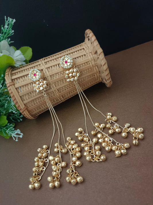 Sanjog Traditional Gold-Tone Pearl Stud Drop Earrings with Long Ghungroo Chain Tassels