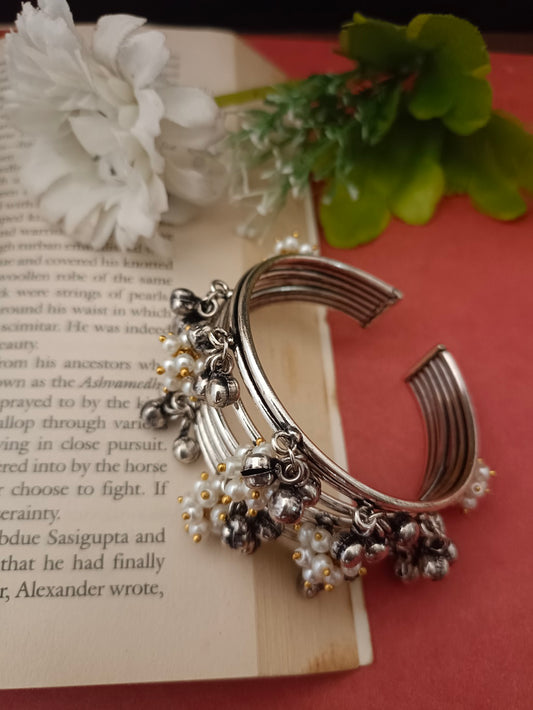 Sanjog Oxidized Silver-Tone Open Cuff Bracelet with Multi-Strand Band and Pearl/Ghungroo Dangles