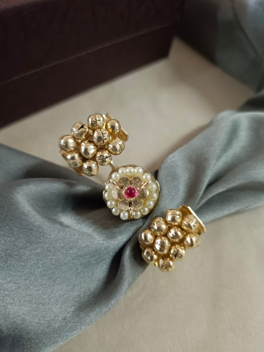 Gold-Toned Adjustable Brass Multi Finger Ring | White & Pink Kundan-Studded & Beaded