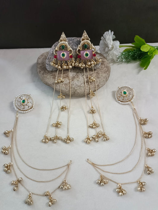 Gold-Toned Pink & Green Geometric Drop Earrings with Earchains | Kundan Beaded Kashmiri Style