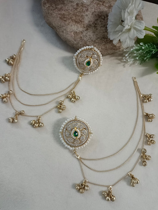 Gold-Toned White Circular Kashmiri Earchains | Kundan Studded Beaded Insert Style