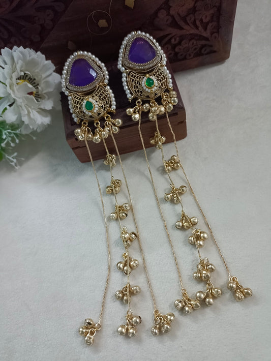 Gold-Toned Purple & White Geometric Drop Earrings with Chain | Kundan Beaded Kashmiri Style