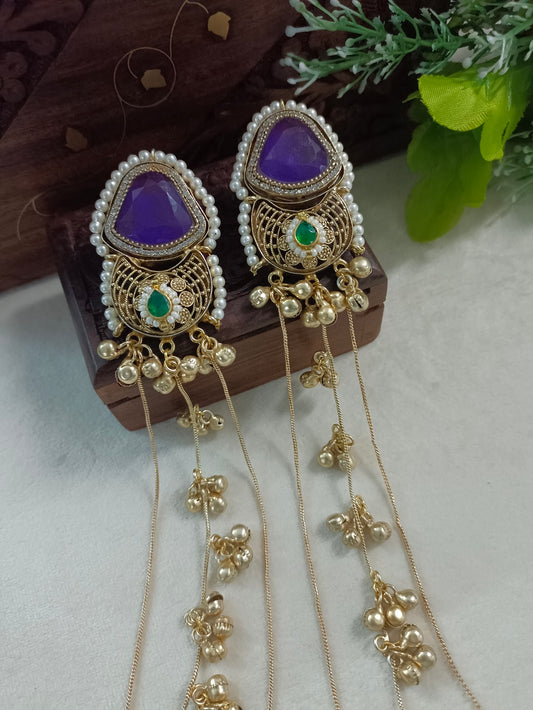 Gold-Toned Purple & White Geometric Drop Earrings with Chain | Kundan Beaded Kashmiri Style