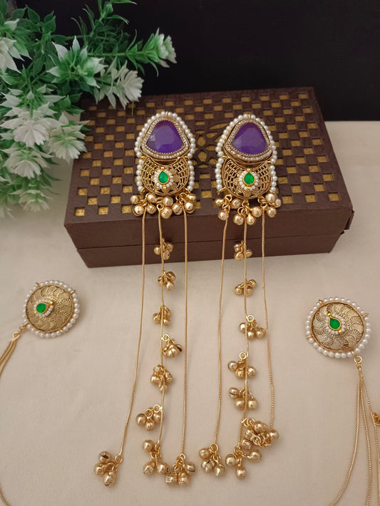 Gold-Toned Purple & White Geometric Drop Earrings | Kundan, Ghungroo Beaded, Kashmiri Earchains