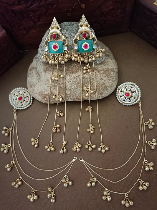 Kundan Studded Geometric Kashmiri Drop Earrings with Earchain (Red & Blue)