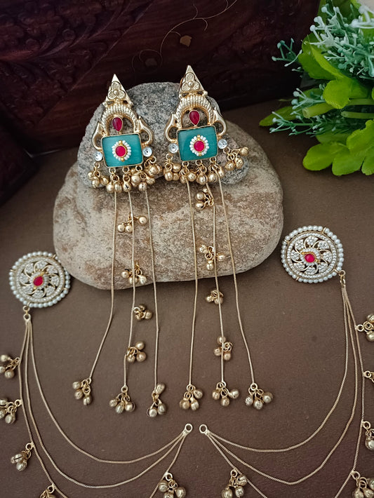 Kundan Studded Geometric Kashmiri Drop Earrings with Earchain (Red & Blue)