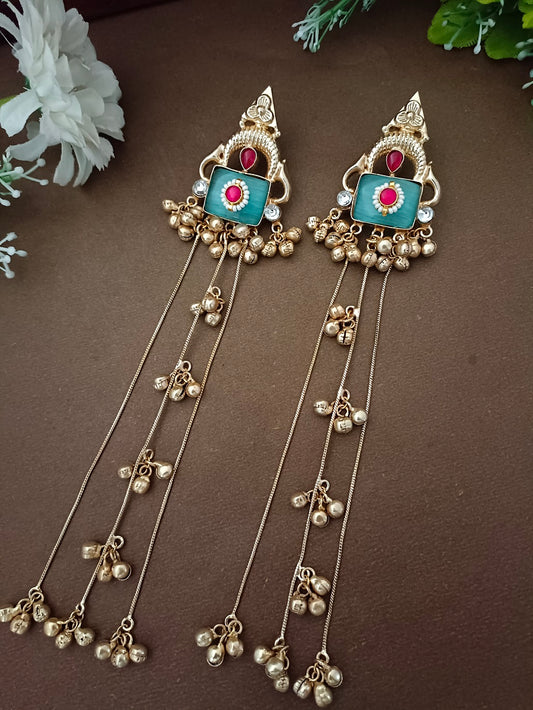 Brass-Plated Pachi Kundan Studded & Artificial Beaded Geometric Kashmiri Drop Earrings