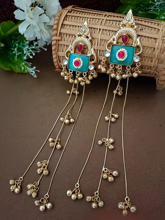 Brass-Plated Pachi Kundan Studded & Artificial Beaded Geometric Kashmiri Drop Earrings