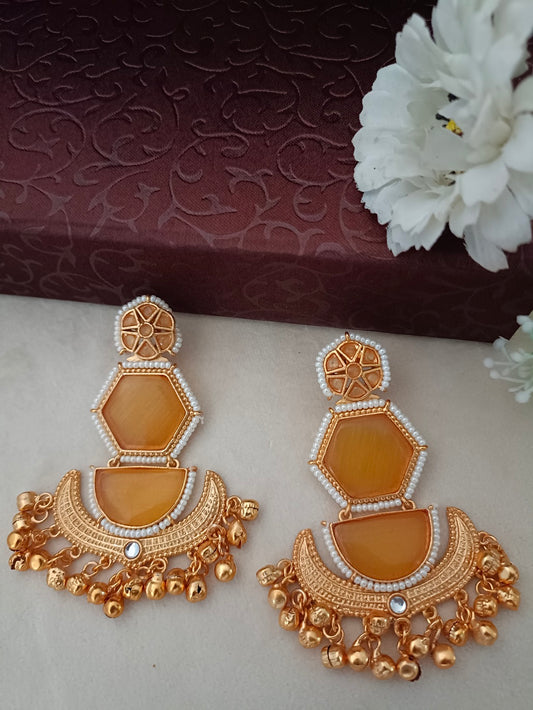 Gold-Toned Geometric Drop Earrings | Kundan Studded, Beaded Brass-Plated Post Back
