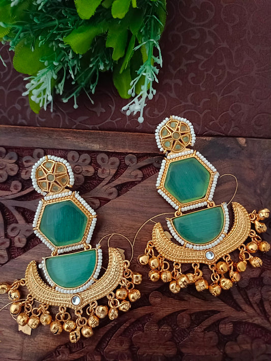 Brass-Plated Emerald Green Kundan Studded Kashmiri Geometric Drop Earrings