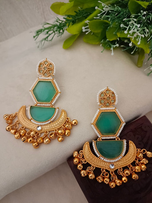 Brass-Plated Emerald Green Kundan Studded Kashmiri Geometric Drop Earrings