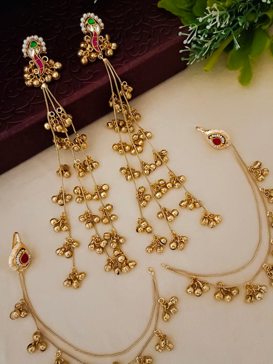 Sanjog Traditional Gold Plated Long Jhumka Earrings with Ear Chains (Kaan Chain) and Kemp Stone Detailing