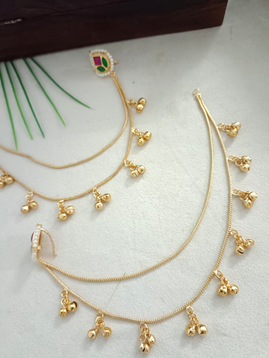 Gold-Toned Pink Teardrop Drop Earrings with Chain | Kundan Beaded Kashmiri Insert Style