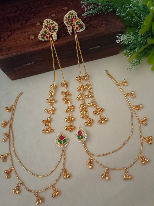 Gold-Toned Pink Contemporary Drop Earrings with Chain | Kundan Beaded Kashmiri Style