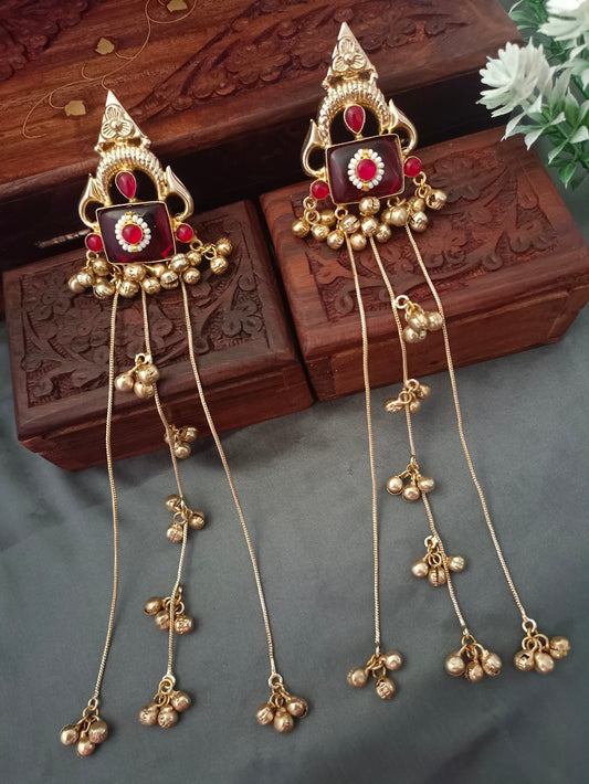Gold-Toned Red & Pink Geometric Drop Earrings | Kundan Studded Beaded Kashmiri Style