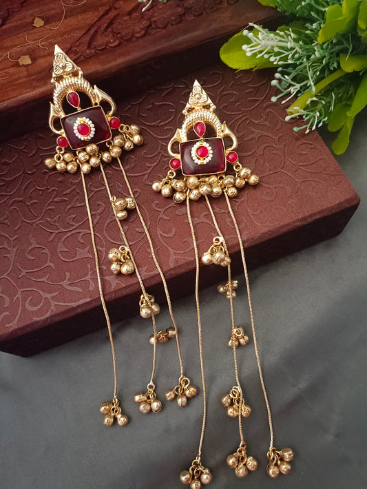 Gold-Toned Red & Pink Geometric Drop Earrings | Kundan Studded Beaded Kashmiri Style