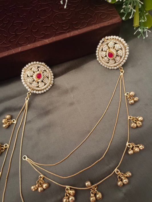 Gold-Toned Red & White Circular Kashmiri Earchains | Kundan Studded Beaded Insert Style