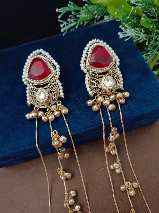 Sanjog Regal Victorian Style Dangler Earrings with Ghungroo Chain Tassels – Ruby Stone & Pearl Statement Jhumki