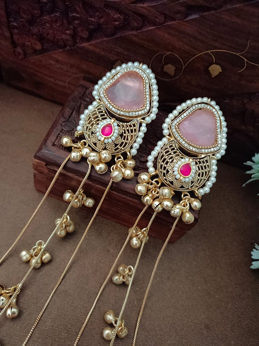 Gold-Toned Pink & White Geometric Drop Earrings | Kundan Studded Beaded Kashmiri Style
