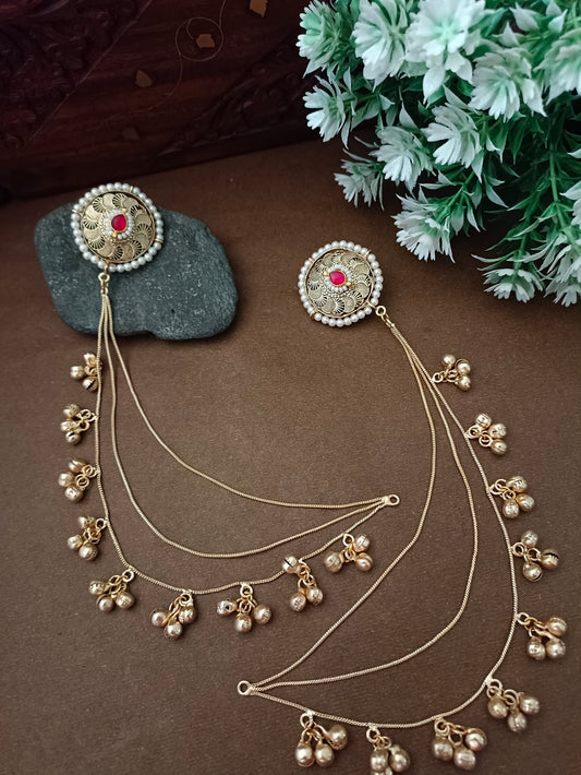 Gold-Toned Pink Circular Drop Earrings | Kashmiri Kundan Studded & Beaded Insert Style