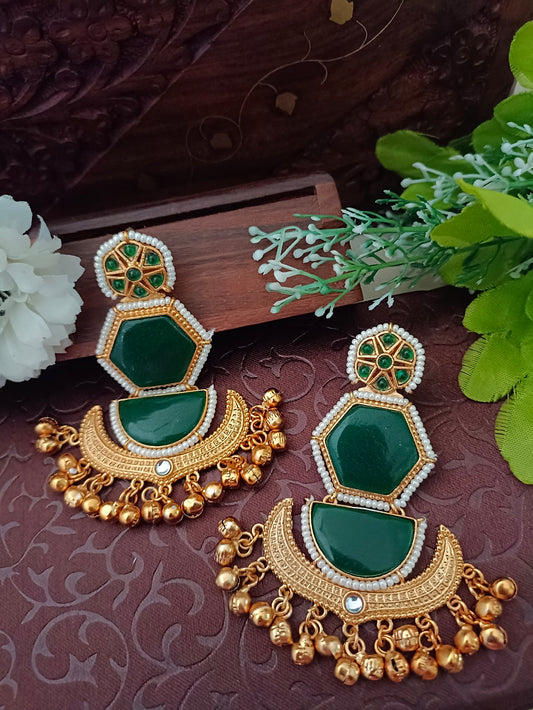 Green & Gold-Toned Geometric Drop Earrings | Kundan Studded, Beaded Brass Post Back