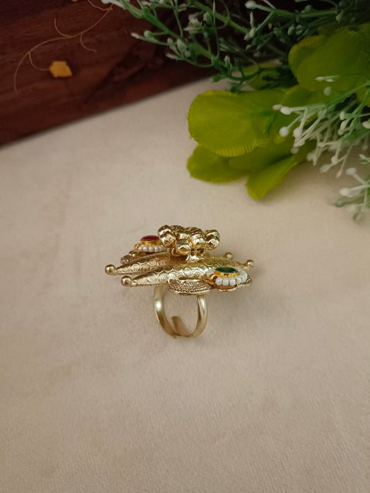 Gold-Plated Red & Blue Adjustable Finger Ring | Artificial Stones Studded & Beaded