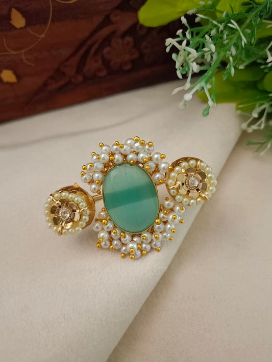 Gold-Toned Green & White Double Finger Ring | Artificial Stones Studded & Beaded