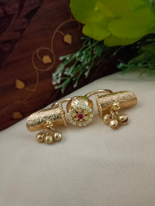 Brass-Plated Red & White Adjustable Finger Ring | Stone Studded & Pearl Beaded