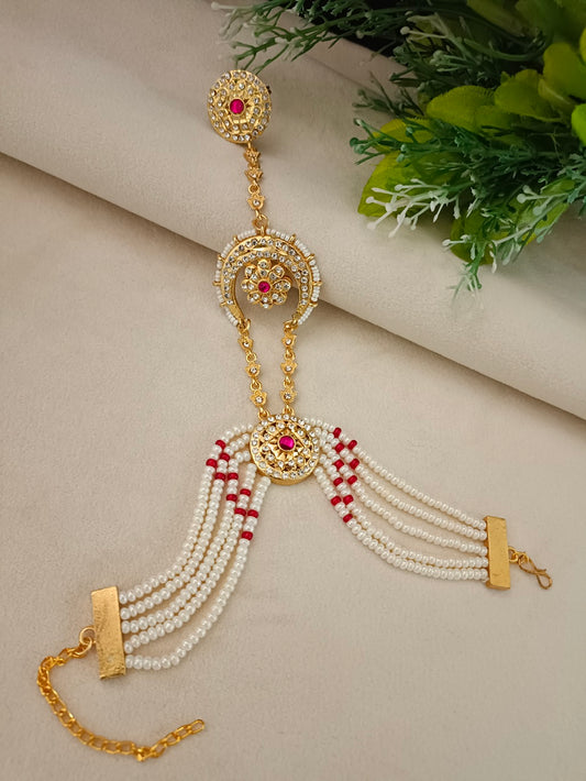 Gold-Plated White & Red CZ Studded Ring Bracelet | Artificial Stone Beaded Jewelry