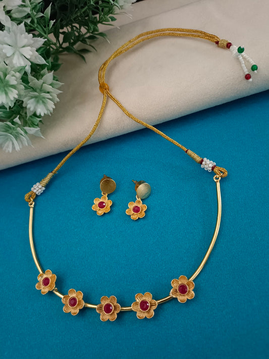 Gold-Plated Pink Kundan Hasli Choker Set | Traditional Studded Earrings & Drawstring