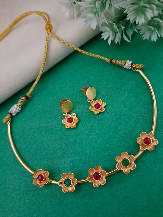 Gold-Plated Pink & Green Stone Choker Set | Studded Drop Earrings & Drawstring