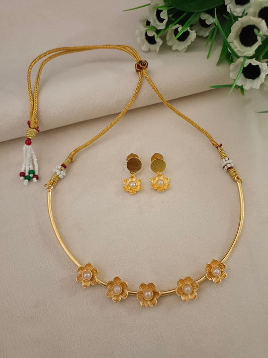 Gold-Plated Beaded Choker Set | Traditional Drop Earrings & Drawstring Closure