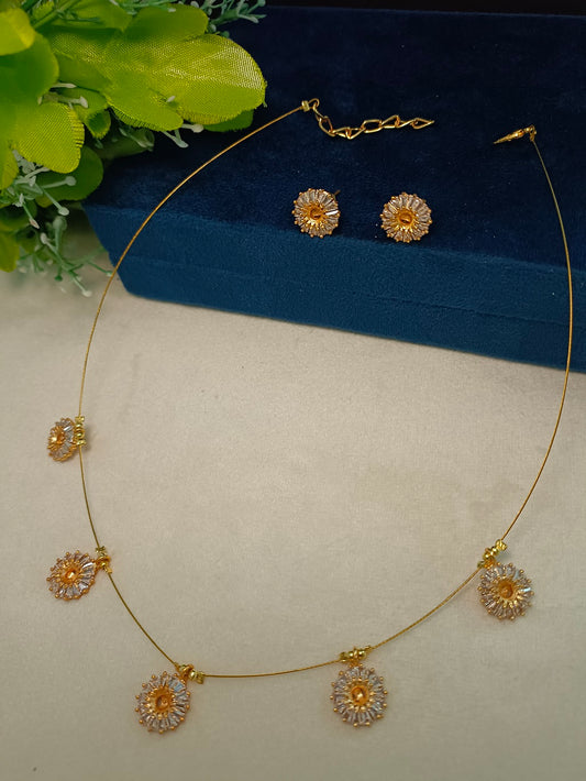 Cubic Zirconia Studded Jewellery Set: Gold-Toned Necklace & Earrings | Brass-Plated Lobster Clasp