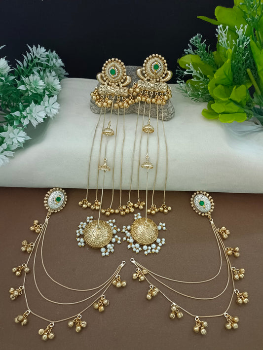 Gold-Toned Geometric Green Ear Cuff Earrings | Kundan Brass-Plated Post Back