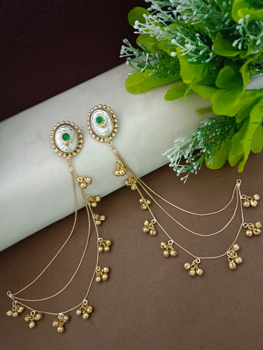 Gold-Toned Green Oval Drop Earrings | Kundan Brass-Plated Insert Style