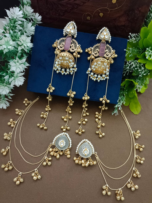 Gold-Toned Geometric Drop Earrings | Kundan Embellished Brass-Plated Post Back