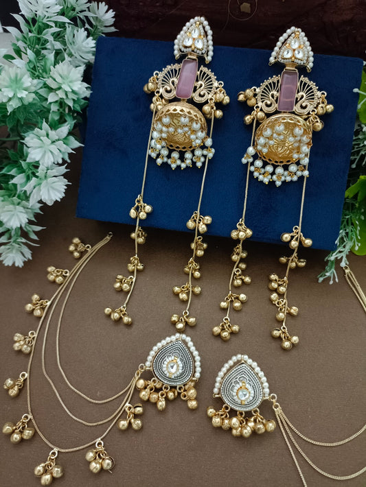 Gold-Toned Geometric Drop Earrings | Kundan Embellished Brass-Plated Post Back