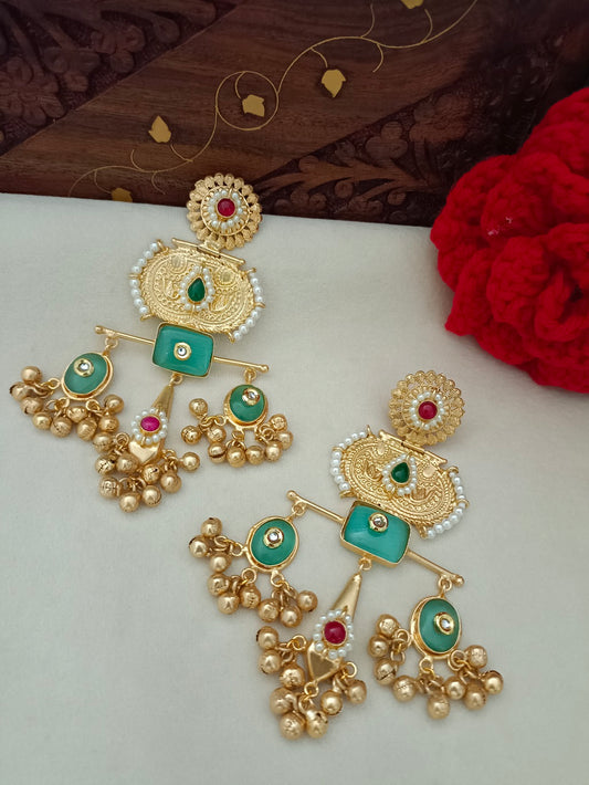 Brass-Plated Pachi Kundan Studded Statement Ghungaroo Temple Drop Earrings